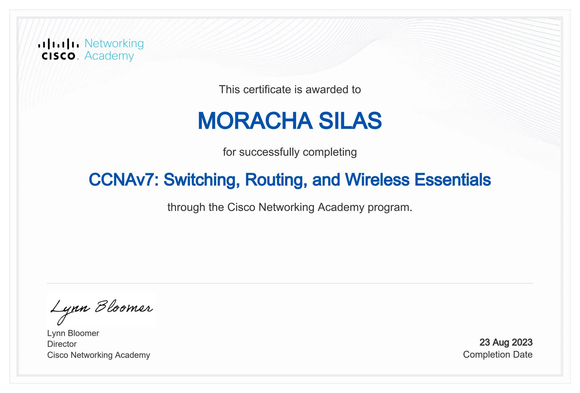 CCNA: Switching, Routing and Wireless Essentials certificate from Cisco Networking Academy