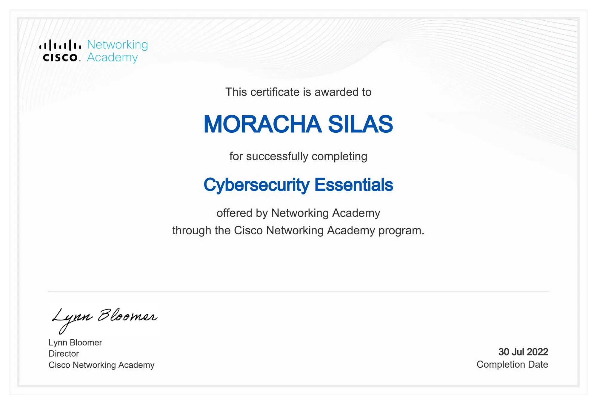Cybersecurity Essentials certificate from Cisco Networking Academy
