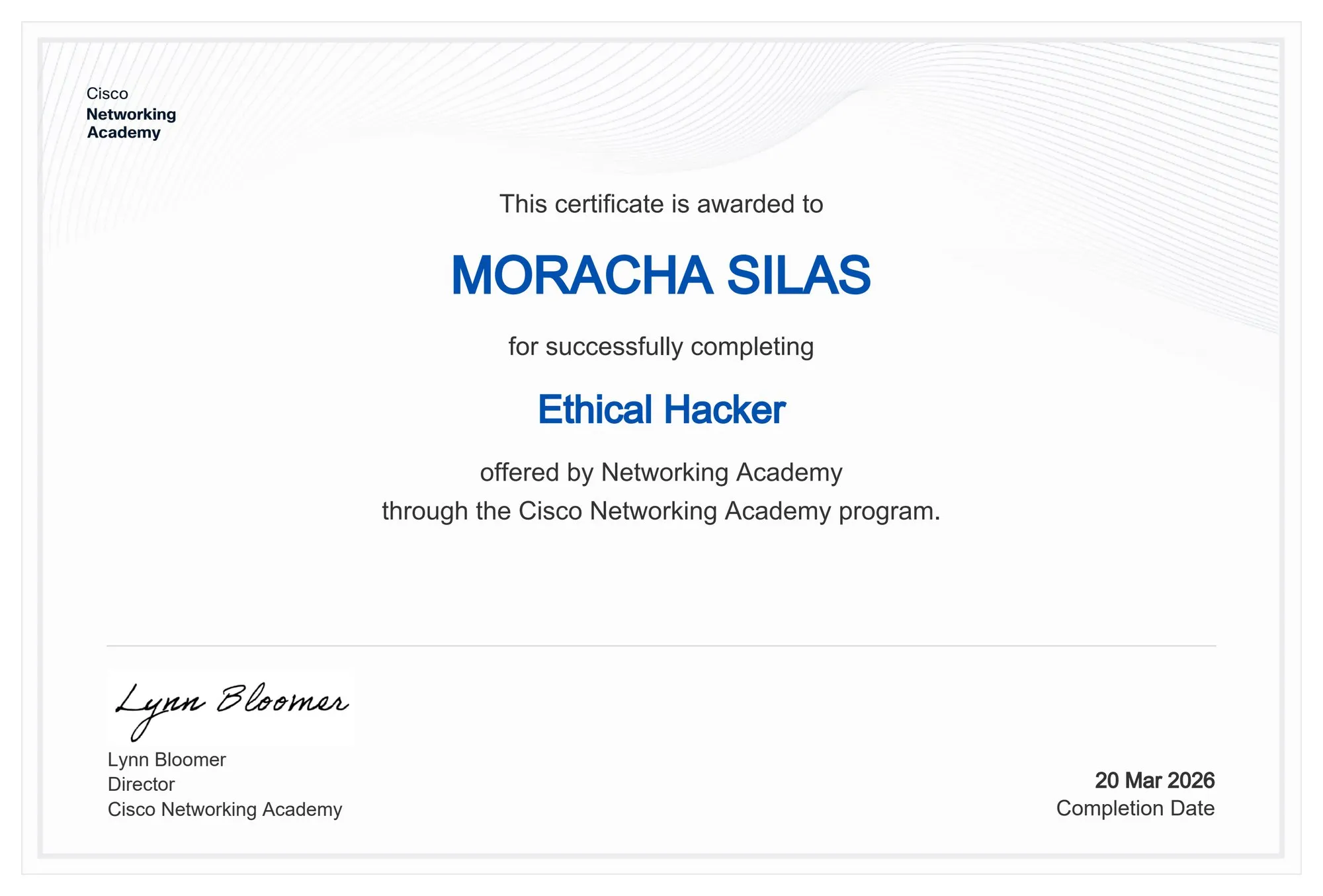 Ethical Hacker certificate from Cisco Networking Academy