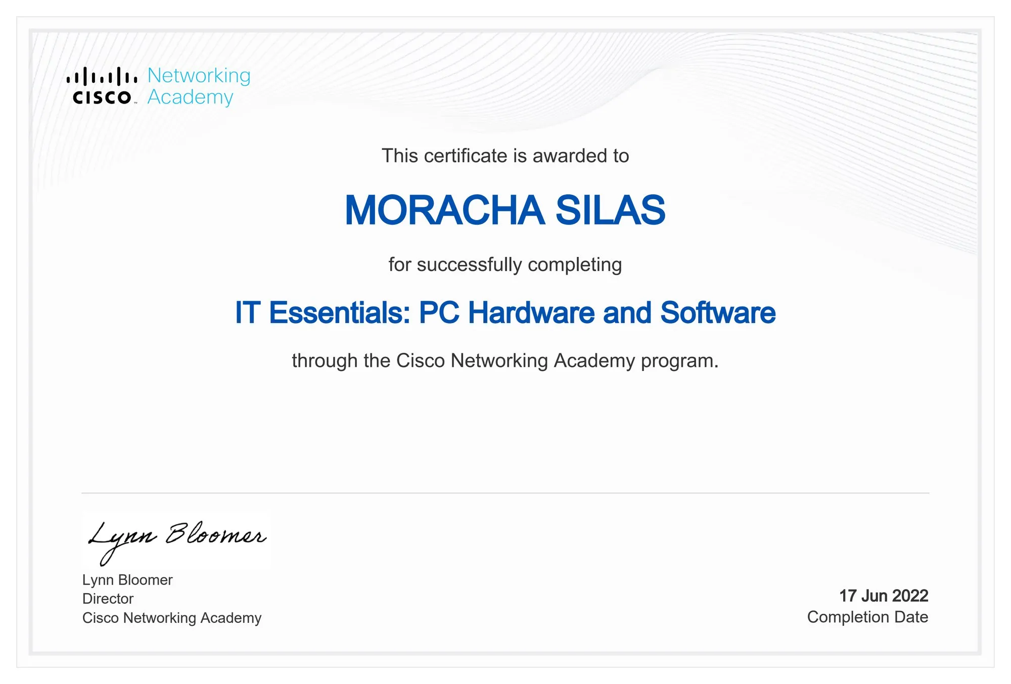 IT Essentials: PC Hardware and Software certificate from Cisco Networking Academy