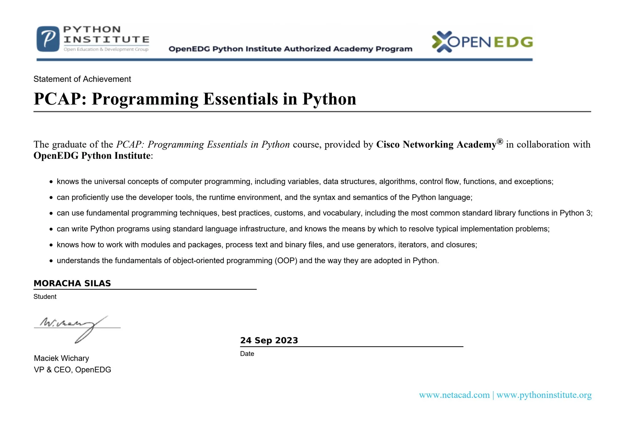 PCAP: Programming Essentials in Python certificate from Cisco Networking Academy · OpenEDG Python Institute