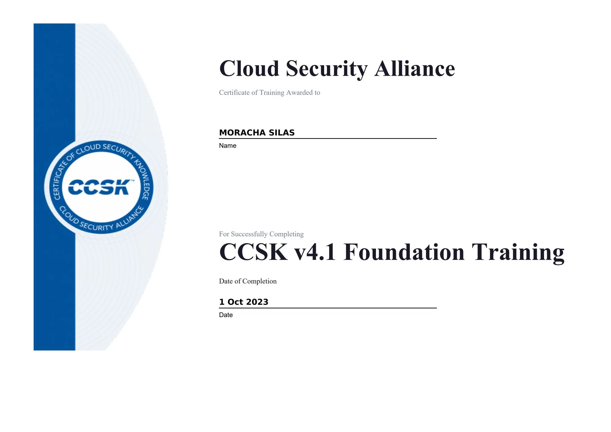 CCSK v4.1 Foundation Training certificate from Cloud Security Alliance