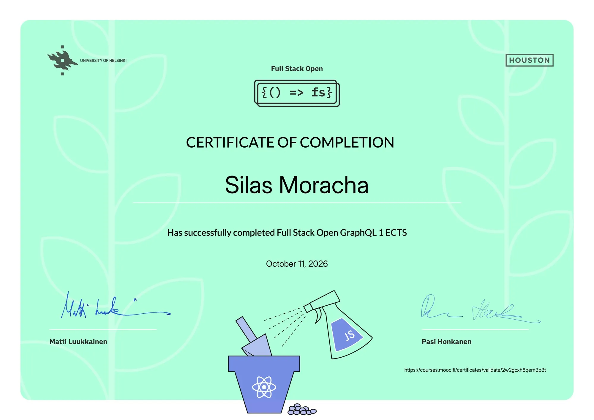 Full Stack Open: GraphQL certificate from University of Helsinki
