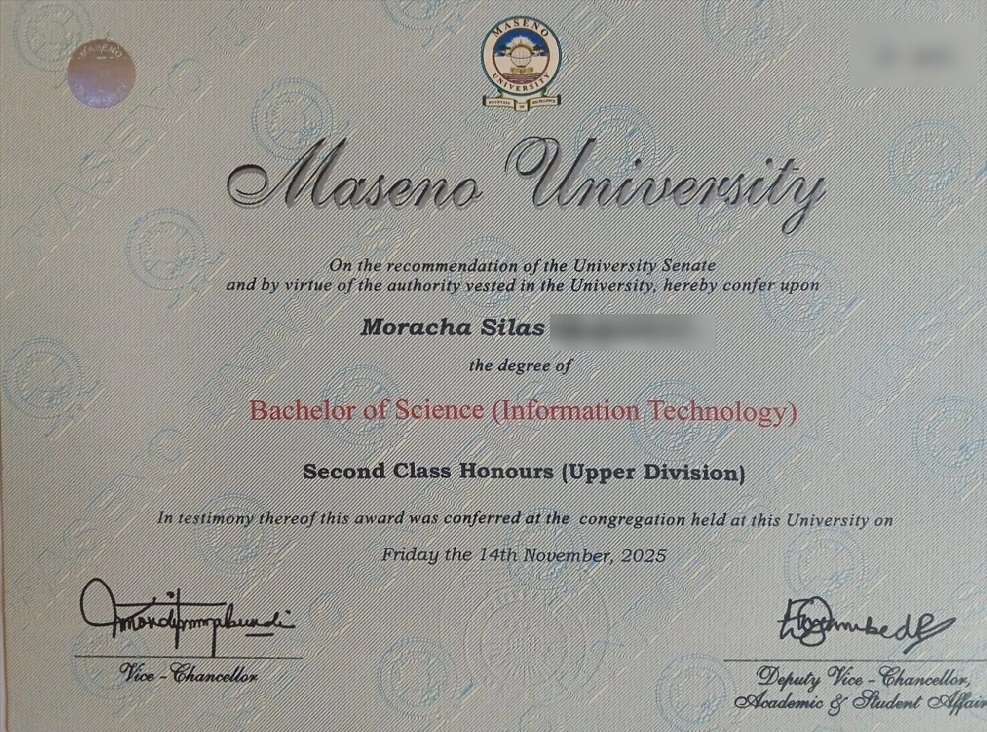 B.Sc. Information Technology certificate from Maseno University